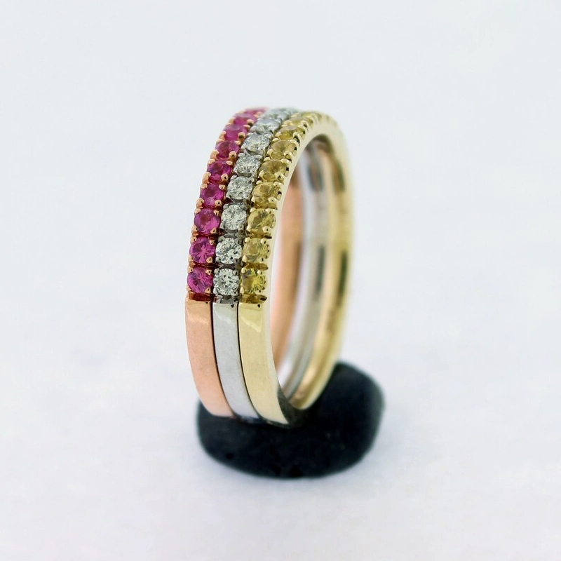 Pink Yellow Sapphire Diamond Half Eternity Ring Set