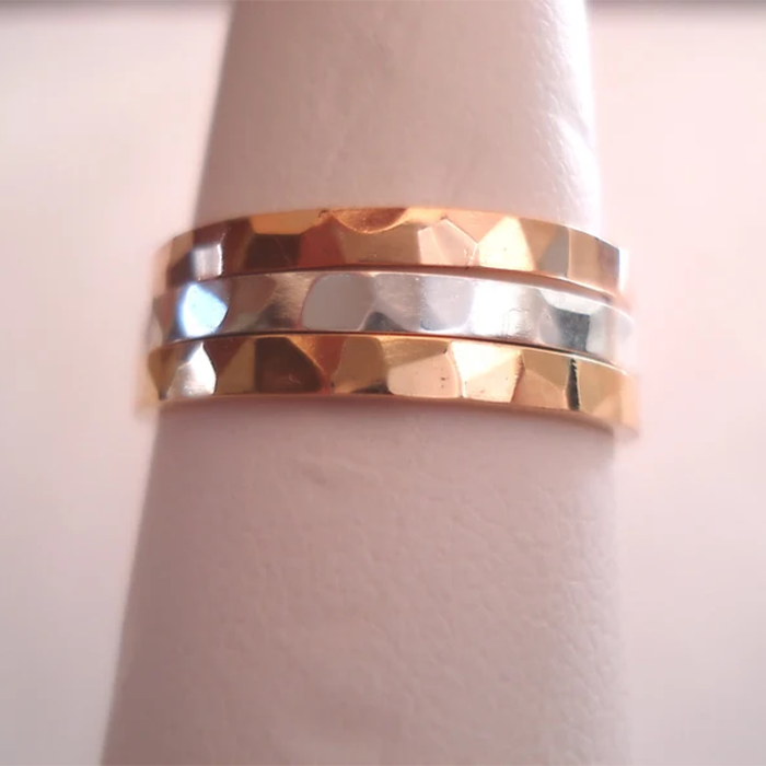 14 K. Solid Gold 2 mm. Wide Hammered Band or Stacking Ring Hand 2