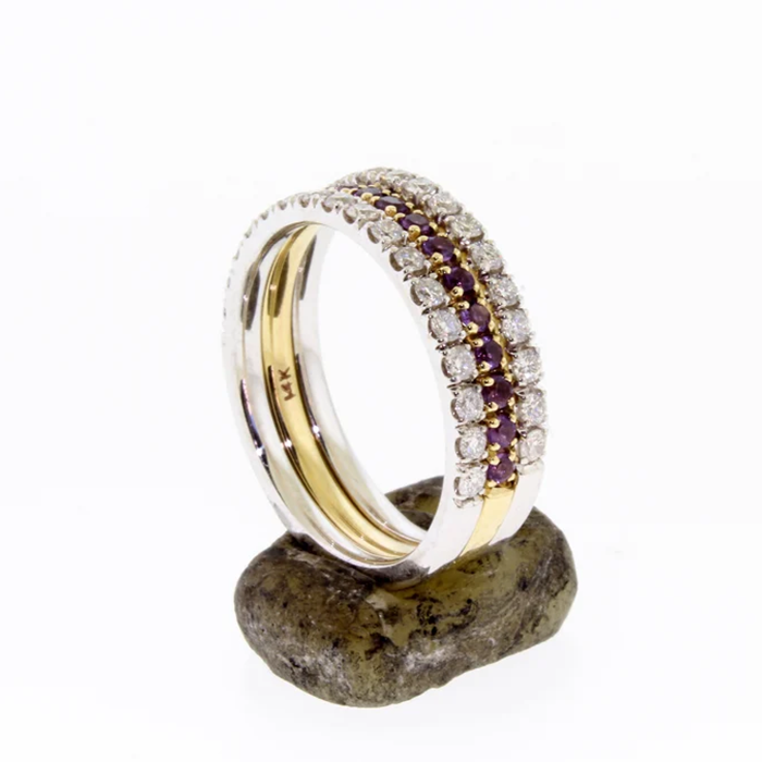 Diamond and Amethyst Half Eternity Ring Set 3 or Stacking Rings Two Tone 3